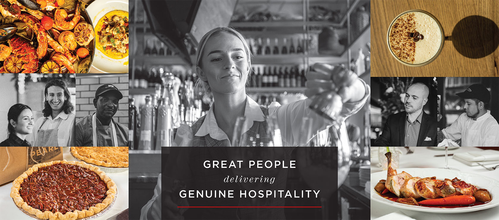 Montage of CMR Associates and food served at Cameron Mitchell Restaurants with words 'Great People delivering Genuine Hospitality'