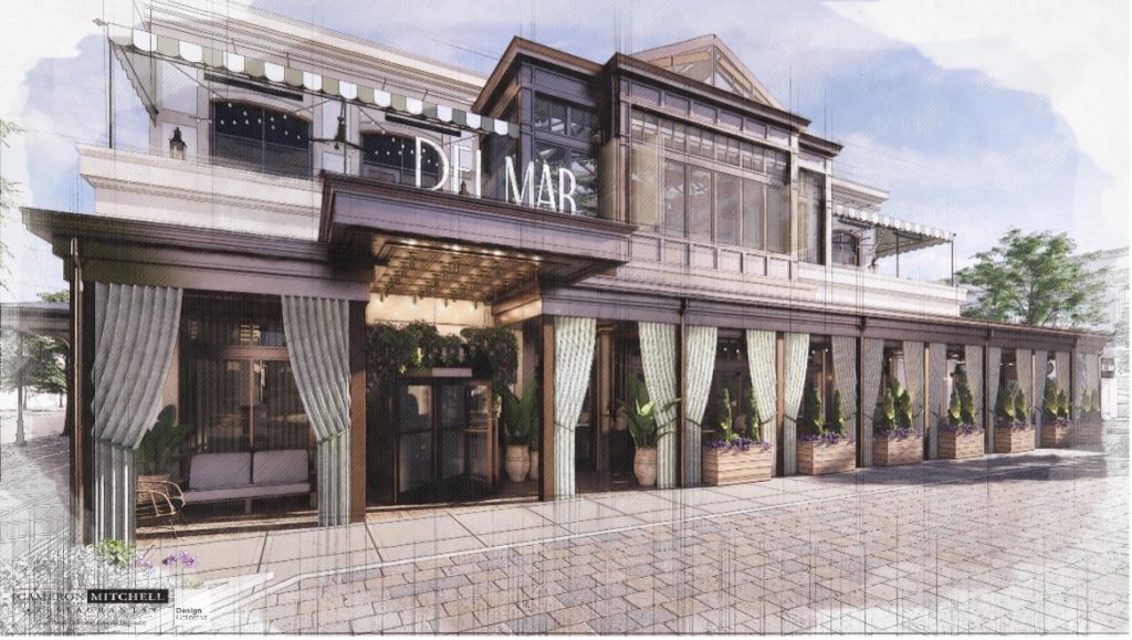 Rendering of the exterior of Del Mar Mediterranean Restaurant, set to open at Easton Town Center in 2024.