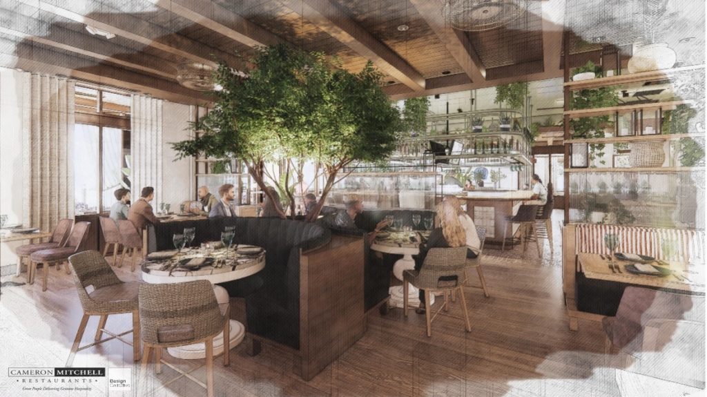 Rendering of the interior of Del Mar Mediterranean restaurants at Easton Town Center in Columbus, Ohio.